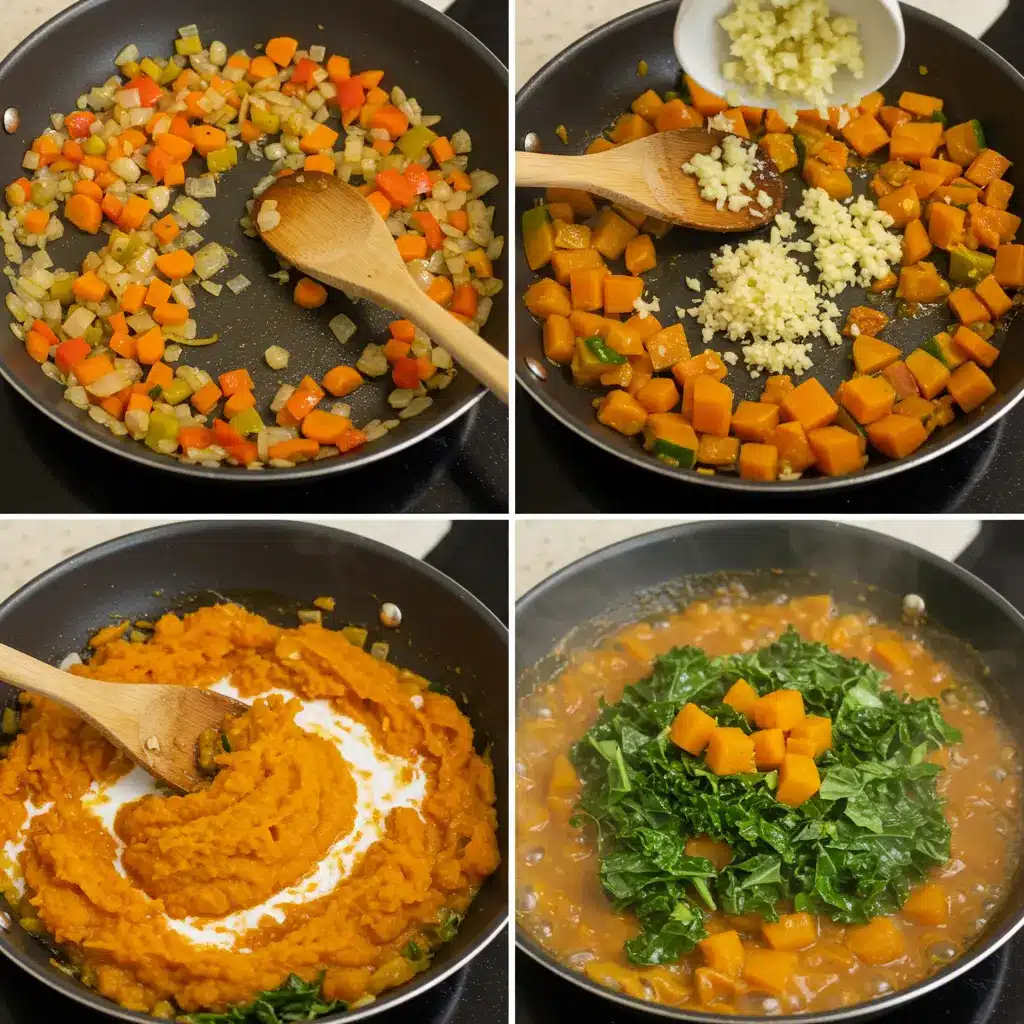 A step-by-step image showing a person's hand stirring a simmering pumpkin curry in a black skillet on a stovetop.