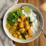 A close-up, vibrant photo of a bowl of creamy pumpkin curry with a garnish of fresh cilantro and a side of basmati rice. The dish is on a light wooden table with a wooden spoon in the bowl.
