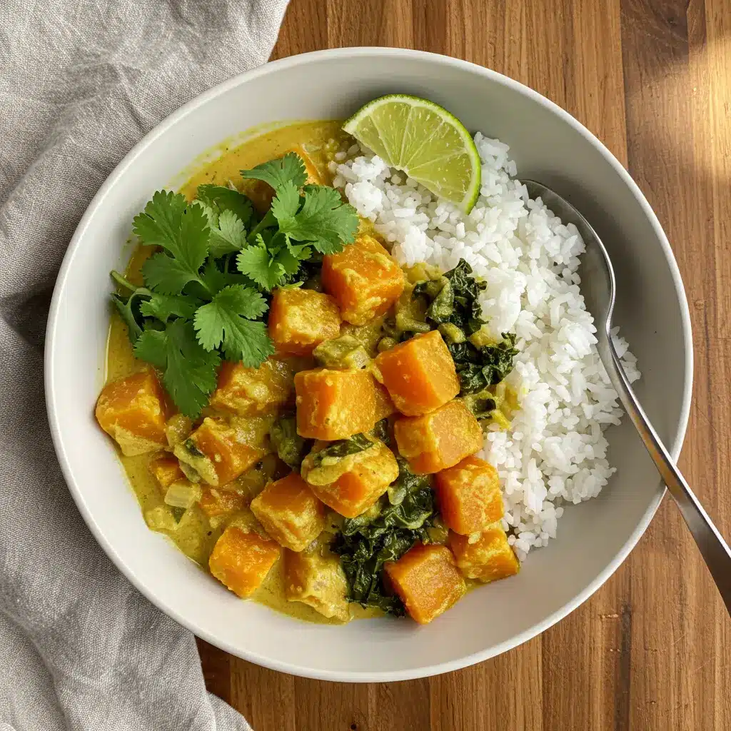 A close-up, vibrant photo of a bowl of creamy pumpkin curry with a garnish of fresh cilantro and a side of basmati rice. The dish is on a light wooden table with a wooden spoon in the bowl.