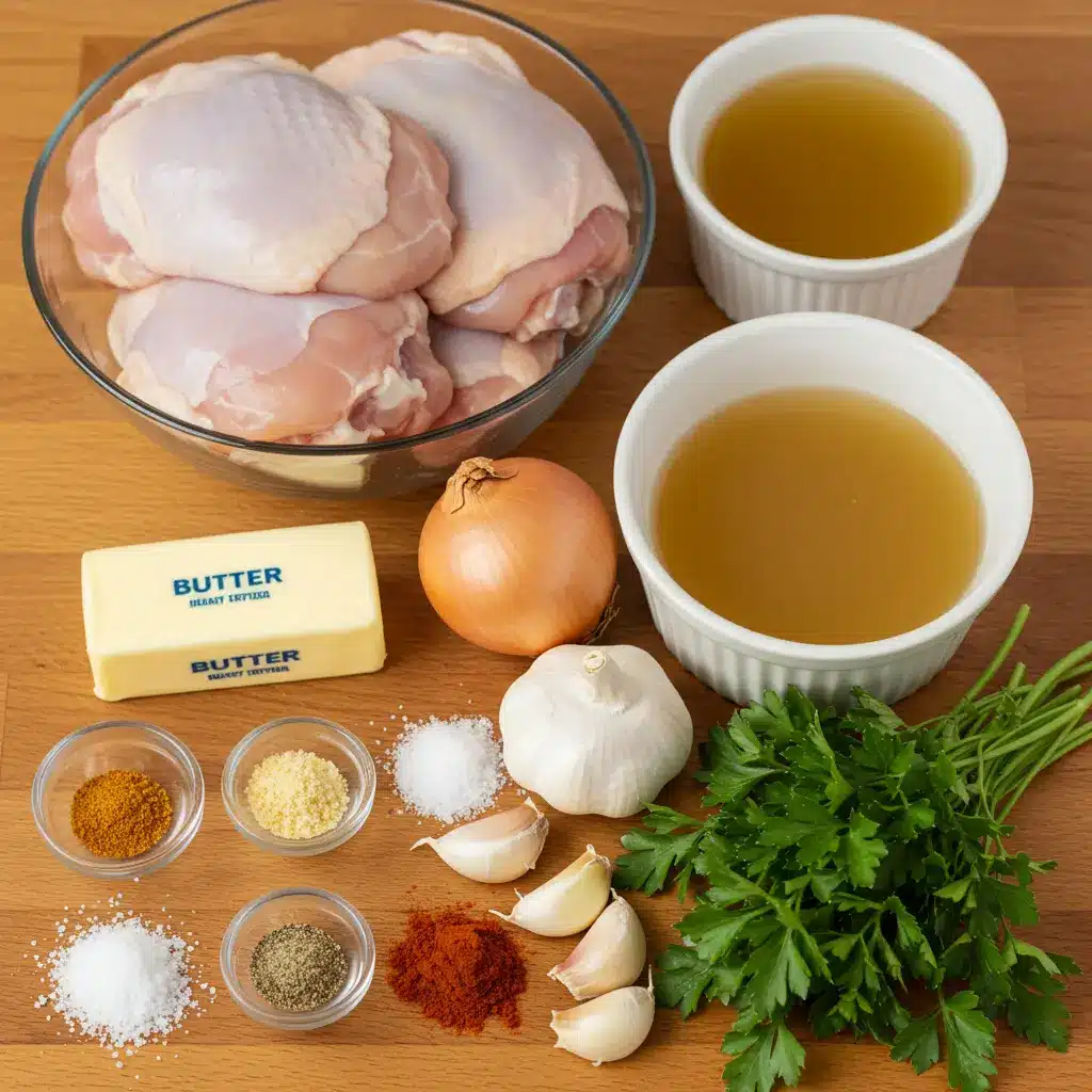 A flat lay of all the ingredients for creamy smothered chicken and rice, including chicken, spices, heavy cream, and broth.
