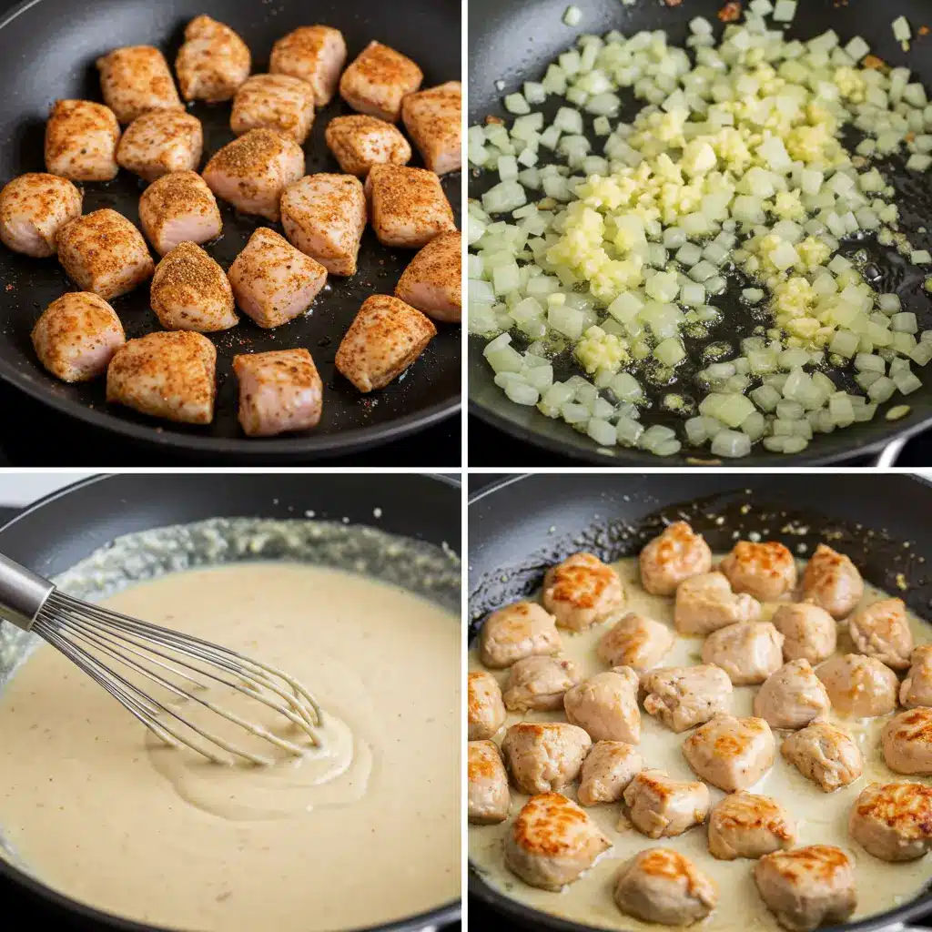 A sequence of images showing the step-by-step process of making creamy smothered chicken and rice, from seasoning and searing the chicken breast bites to creating the creamy sauce and simmering the dish.
