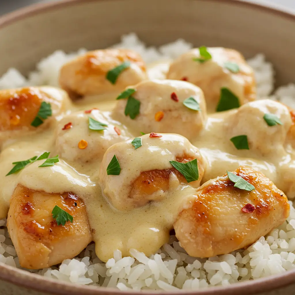 A bowl of creamy smothered chicken breast bites over fluffy rice, garnished with fresh parsley.