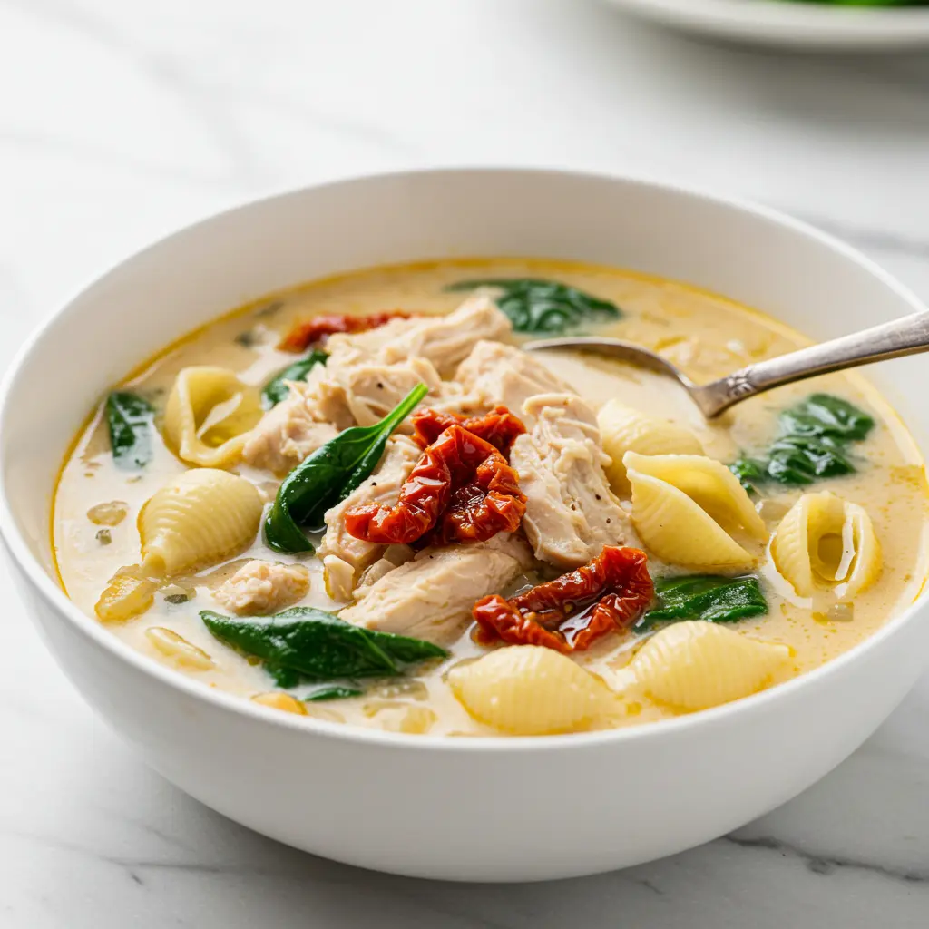 A close-up shot of a bowl of creamy Tuscan chicken soup on a marble counter, garnished with sun-dried tomatoes