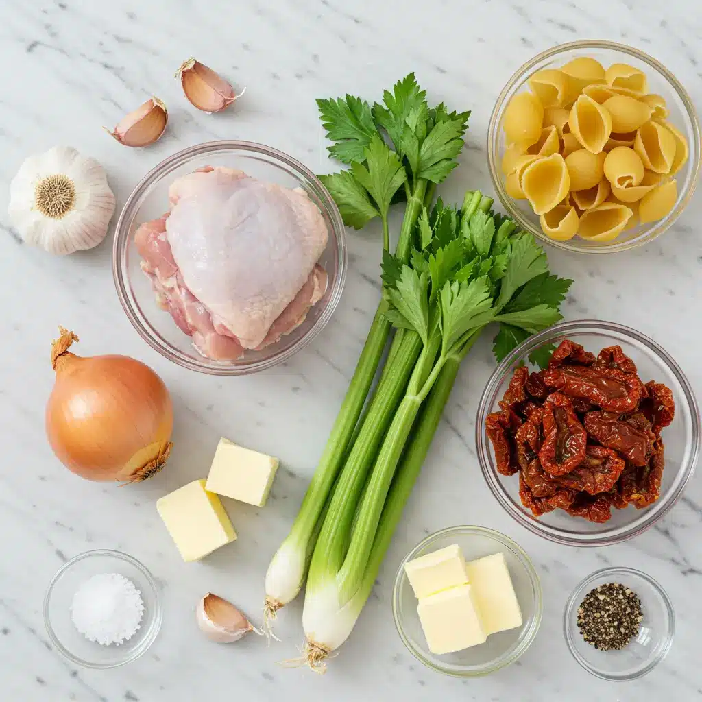 Ingredients for creamy Tuscan chicken soup laid out on a marble counter, including chicken, spinach