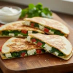 A close-up of crispy Spinach and Feta Quesadillas with Tomato, cut into wedges and fanned out on a wooden cutting board, showing the cheesy filling.