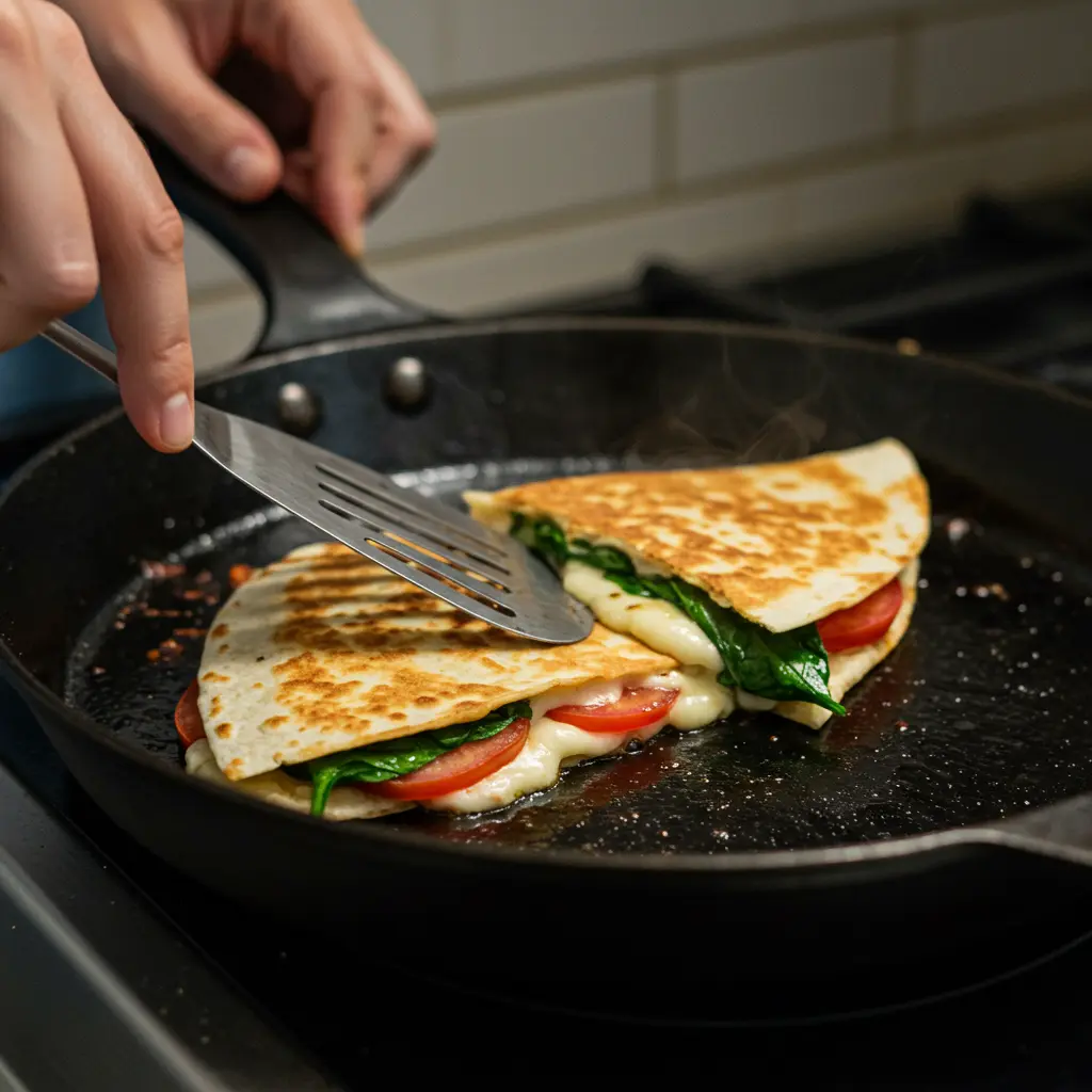 A quesadilla being flipped in a skillet, showing a golden-brown tortilla.