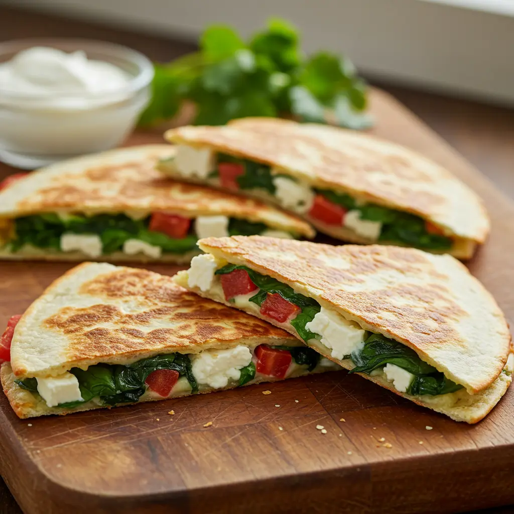 A close-up of crispy Spinach and Feta Quesadillas with Tomato, cut into wedges and fanned out on a wooden cutting board, showing the cheesy filling.
