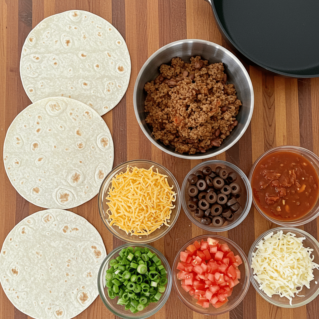 All ingredients for a two-layer Mexican Pizza laid out on a kitchen counter, including ground beef, flour tortillas, taco seasoning, refried beans, enchilada and taco sauce, shredded cheese, and fresh toppings.