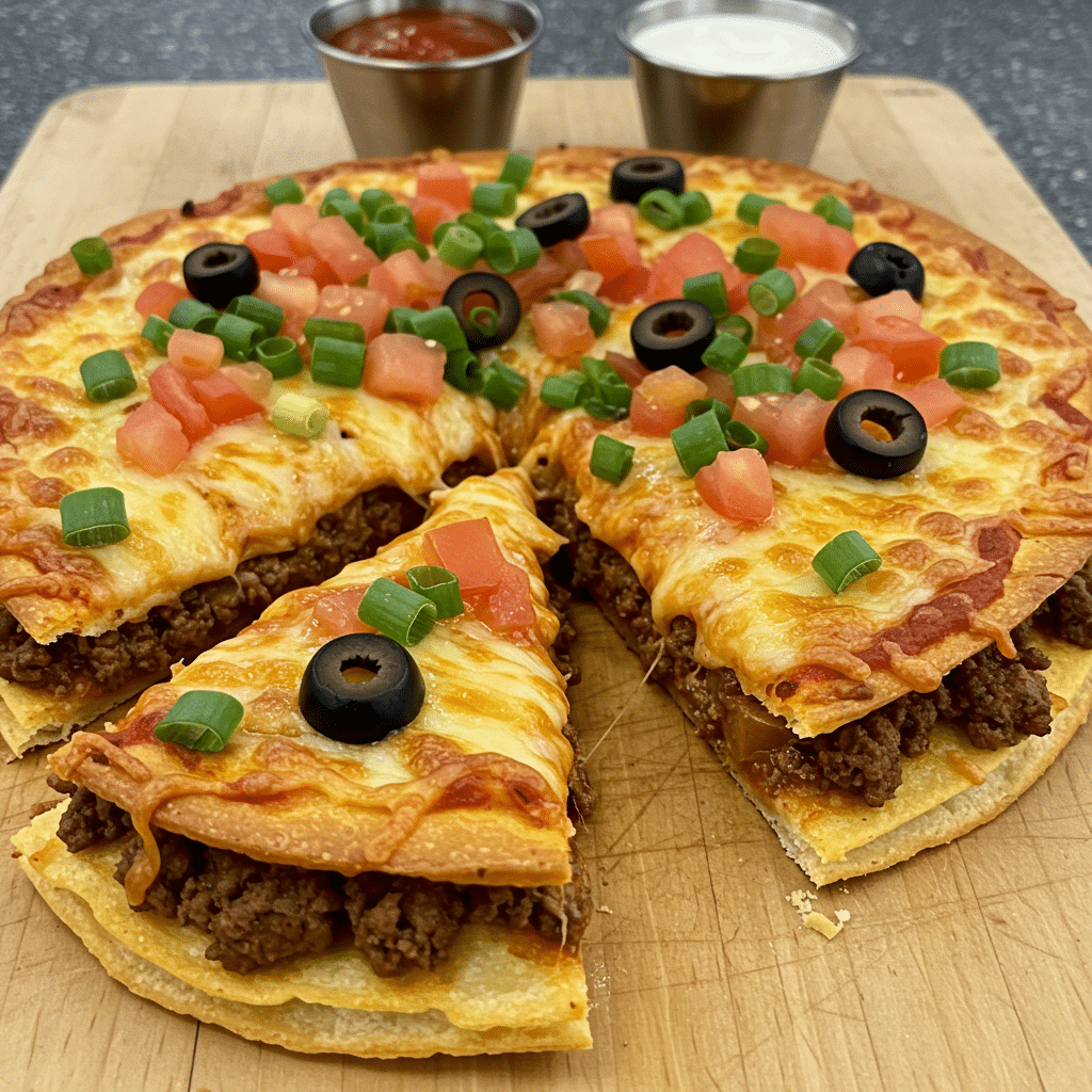 A homemade Taco Bell copycat Mexican Pizza, cut into four wedges, showing the two crispy tortilla layers, seasoned ground beef, melted cheese, and fresh toppings on a wooden board.
