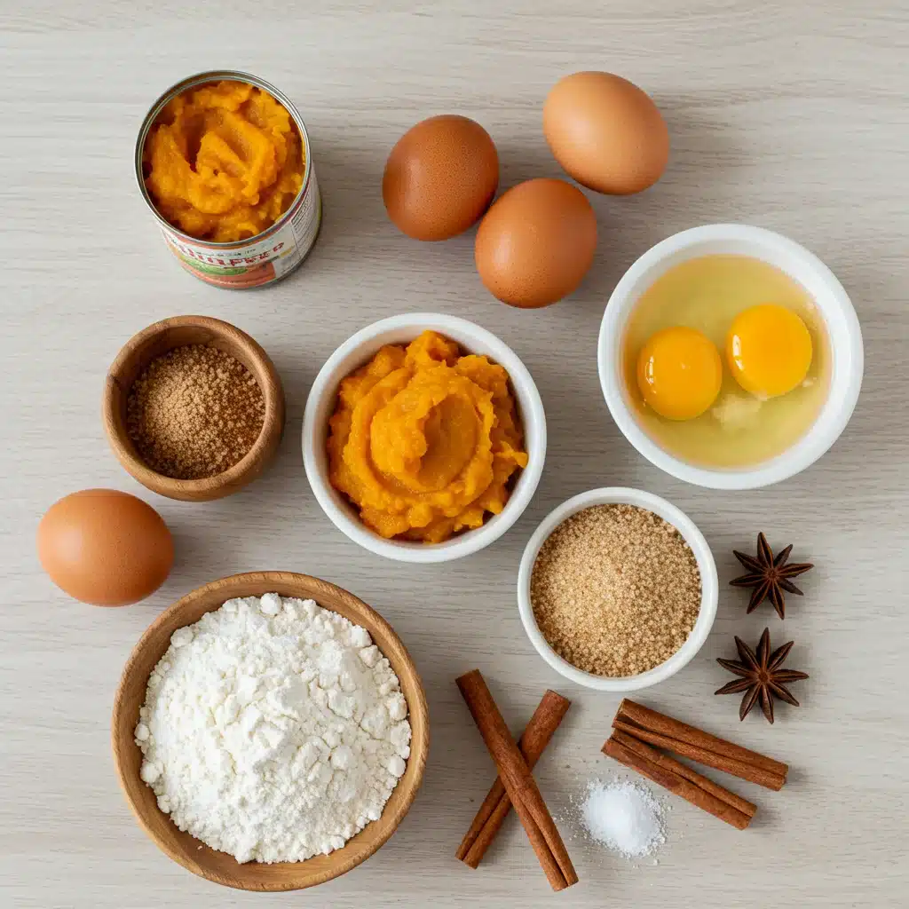 A flat lay of all the raw ingredients for the mini pumpkin bread recipe, including pumpkin puree, flour, and spices