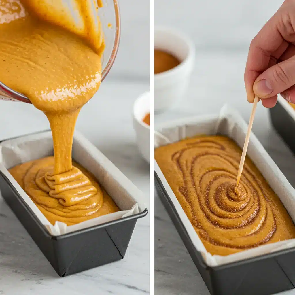 A hand pouring mini pumpkin bread batter from a bowl into a prepared loaf pan.