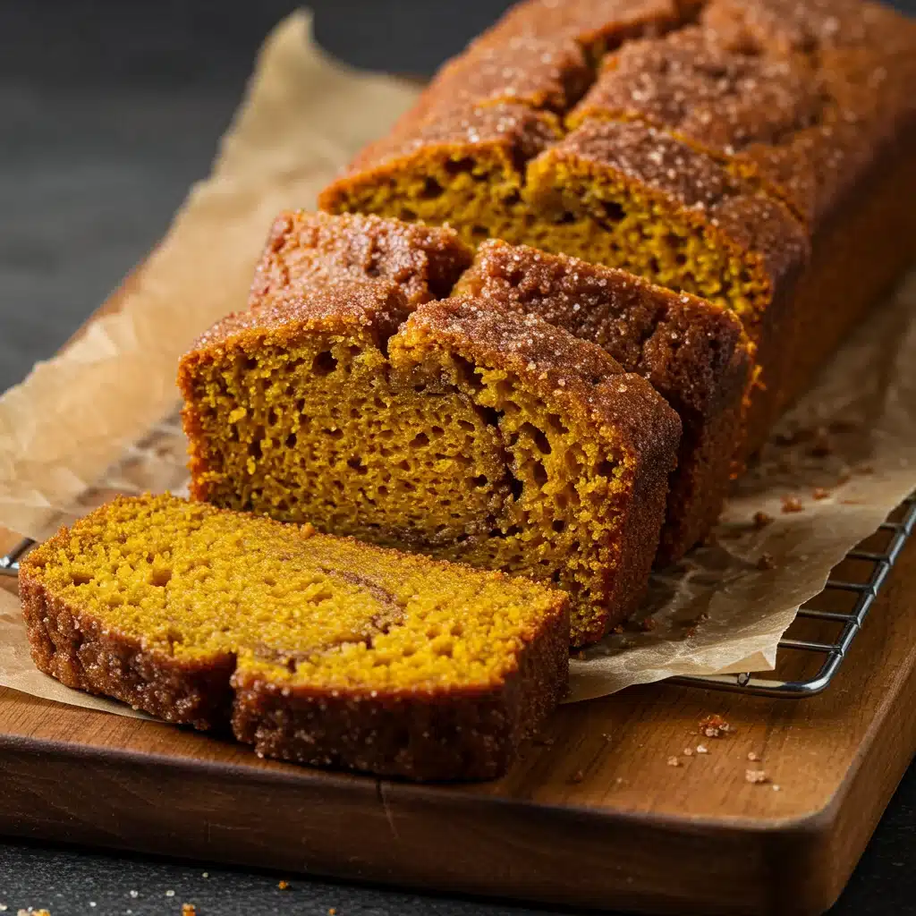 a sliced mini pumpkin bread loaf with a cinnamon swirl on a wooden board.