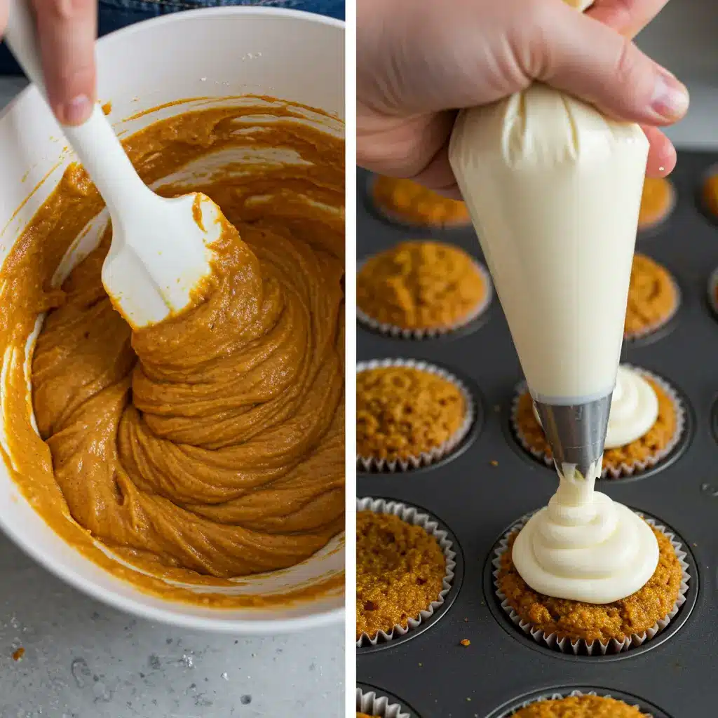 Step-by-step: Mixing the homemade pumpkin cream cheese muffins batter in a bowl and piping the creamy cheese filling into the muffin tins.