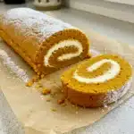 Slices of a homemade pumpkin roll cake with creamy white filling, dusted with powdered sugar, on a white plate.