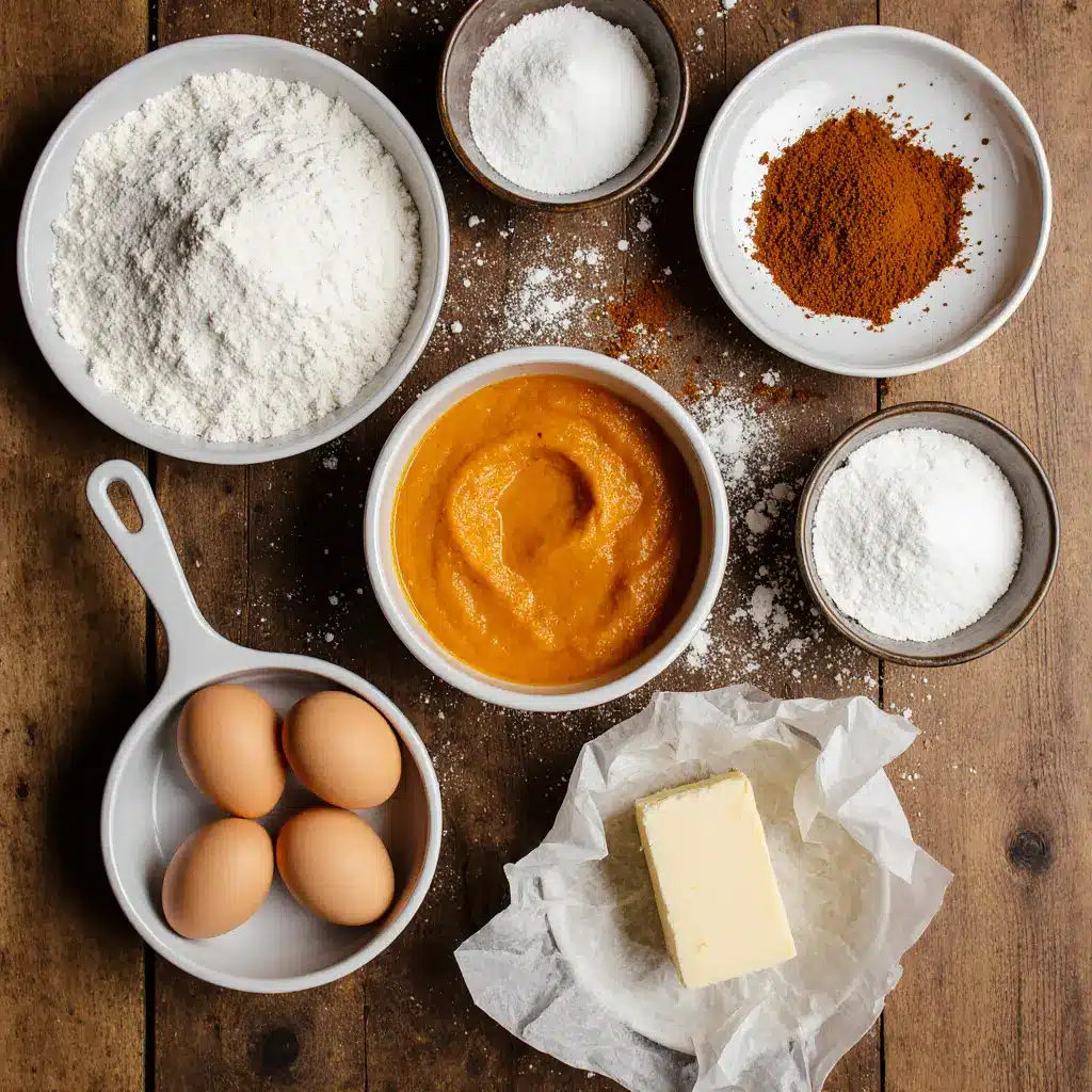 A flat-lay photo of all the raw ingredients for a pumpkin roll recipe, including canned pumpkin, flour, sugar, and cream cheese.