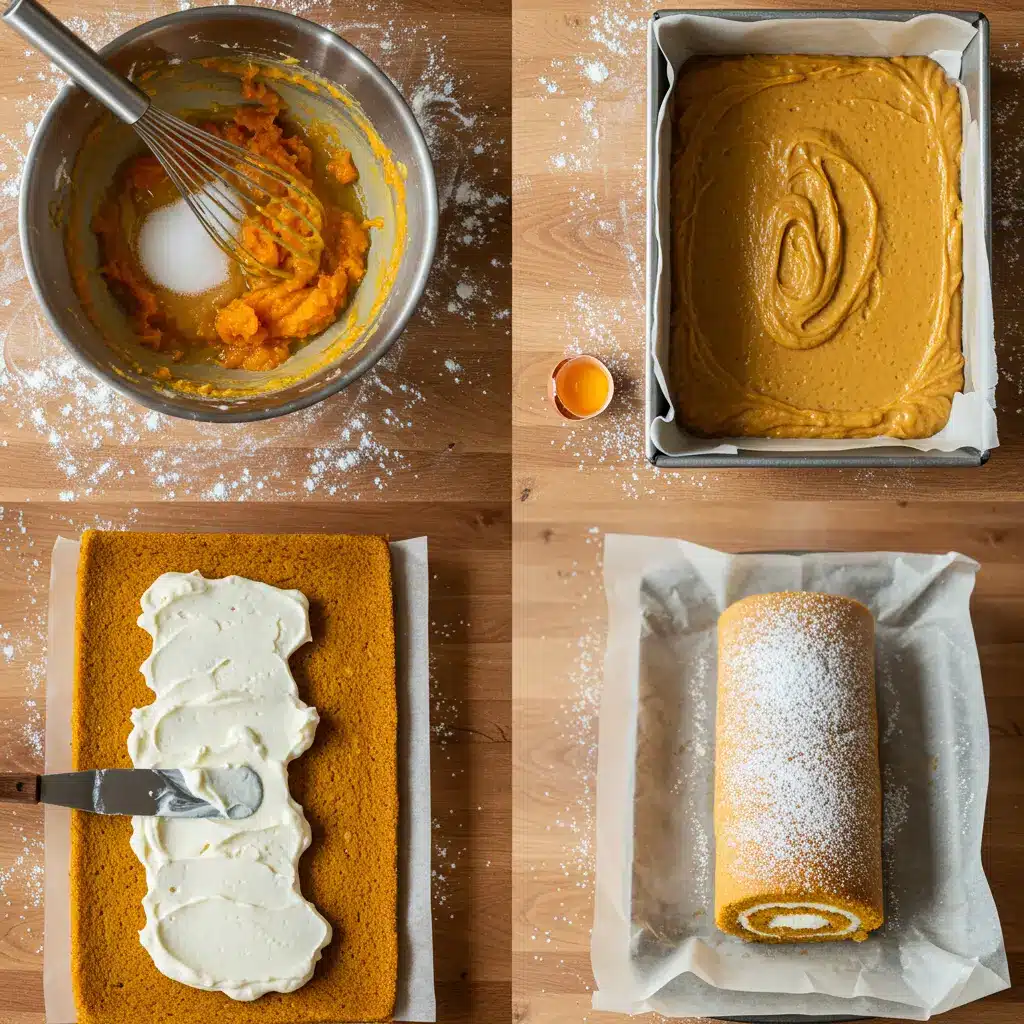 A close-up of orange pumpkin cake batter spread evenly in a jelly roll pan lined with parchment paper.