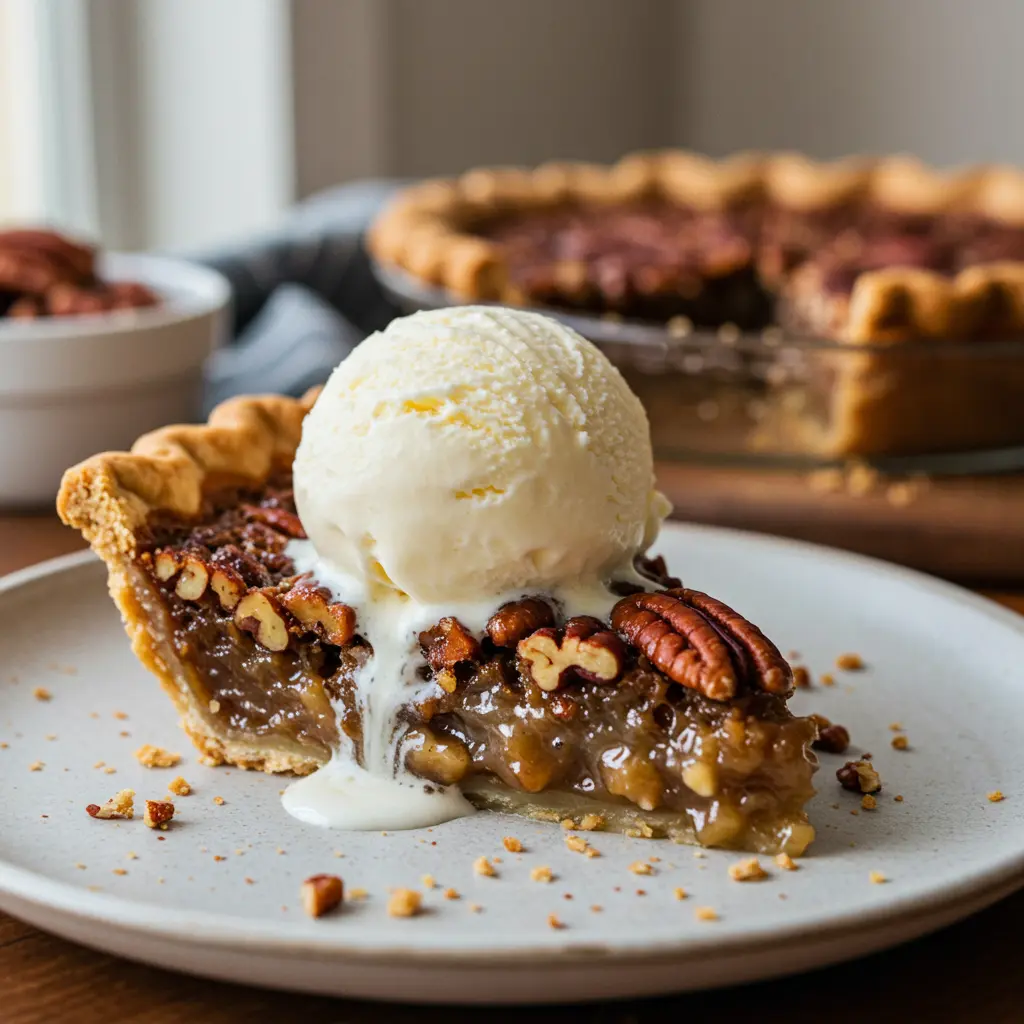 A close-up slice of Southern pecan pie with a flaky crust, gooey filling, toasted pecan halves, and a scoop of melting vanilla ice cream.