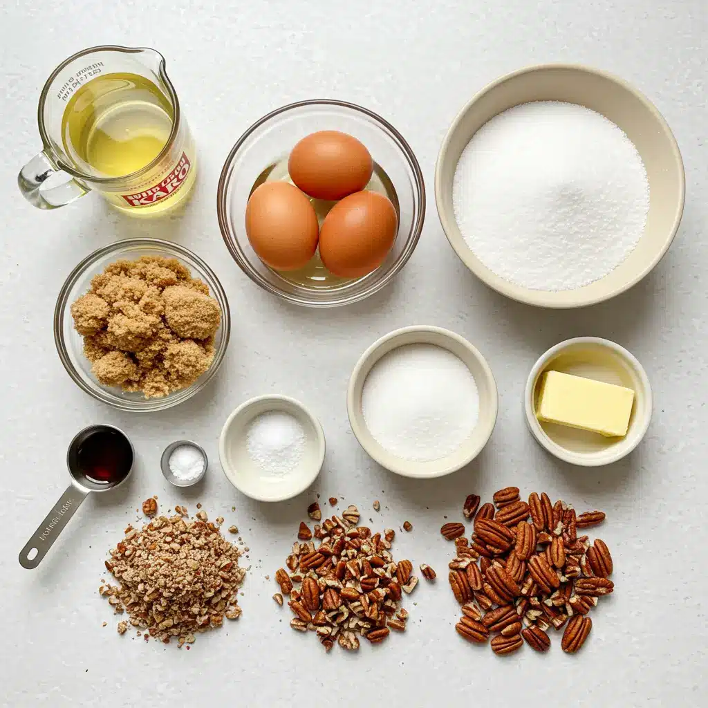 Overhead view of all ingredients for a homemade Southern pecan pie, including pecans, Karo corn syrup, eggs, brown sugar, and butter, on a kitchen counter.