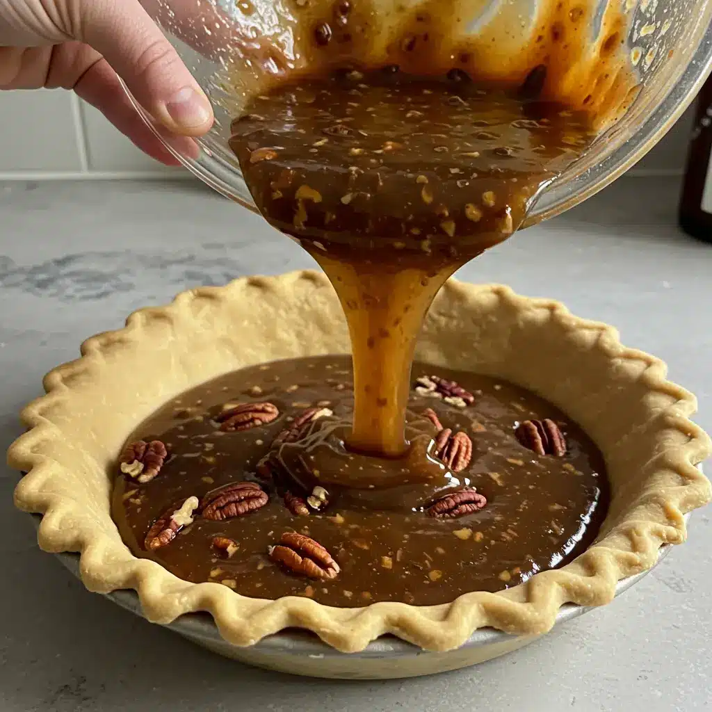 A home baker pouring a rich, gooey pecan pie filling into an unbaked pie crust.