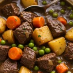 A close-up shot of a steaming bowl of homemade slow cooker beef stew, featuring tender beef, soft carrots, and golden potatoes in a rich, dark brown broth.