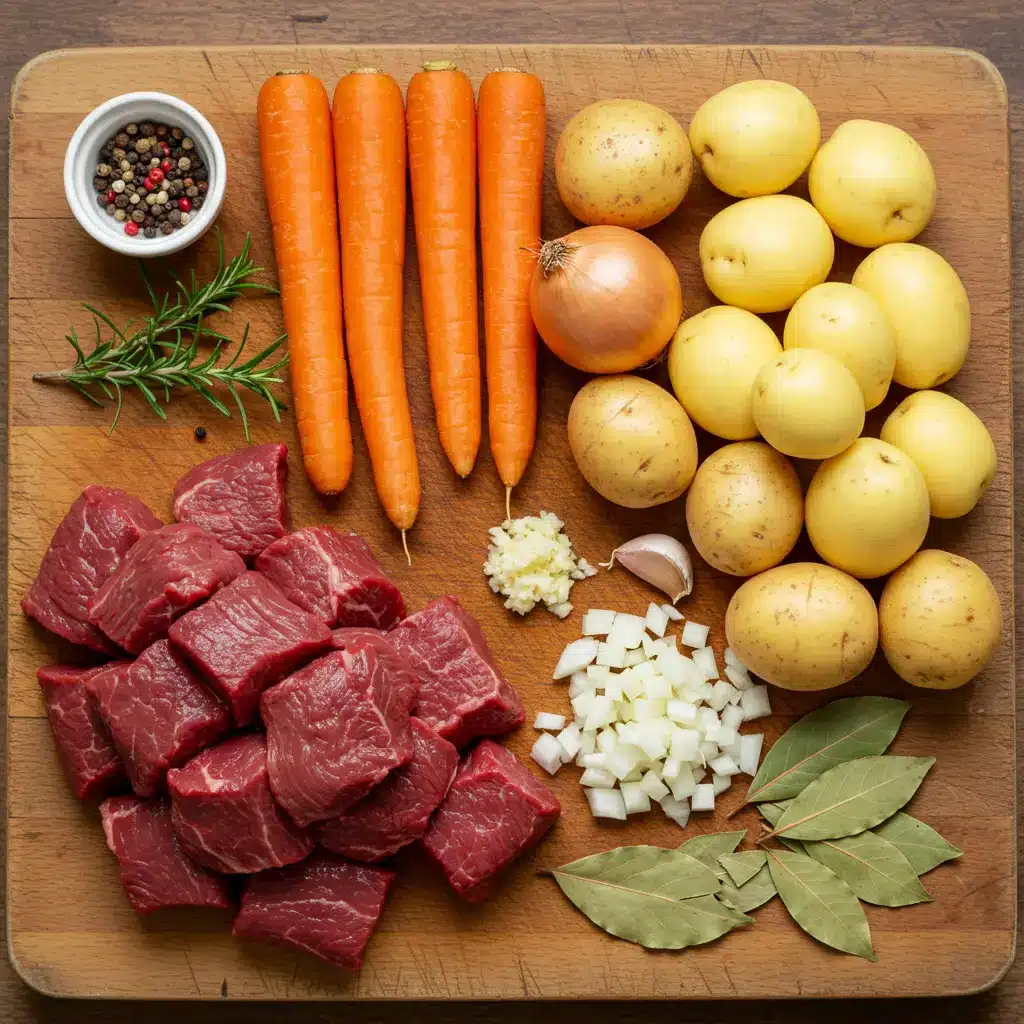 Fresh ingredients for slow cooker beef stew, including raw beef cubes, whole and chopped carrots, small potatoes, diced onion, minced garlic, a sprig of rosemary, and bay leaves, all arranged on a wooden cutting board.