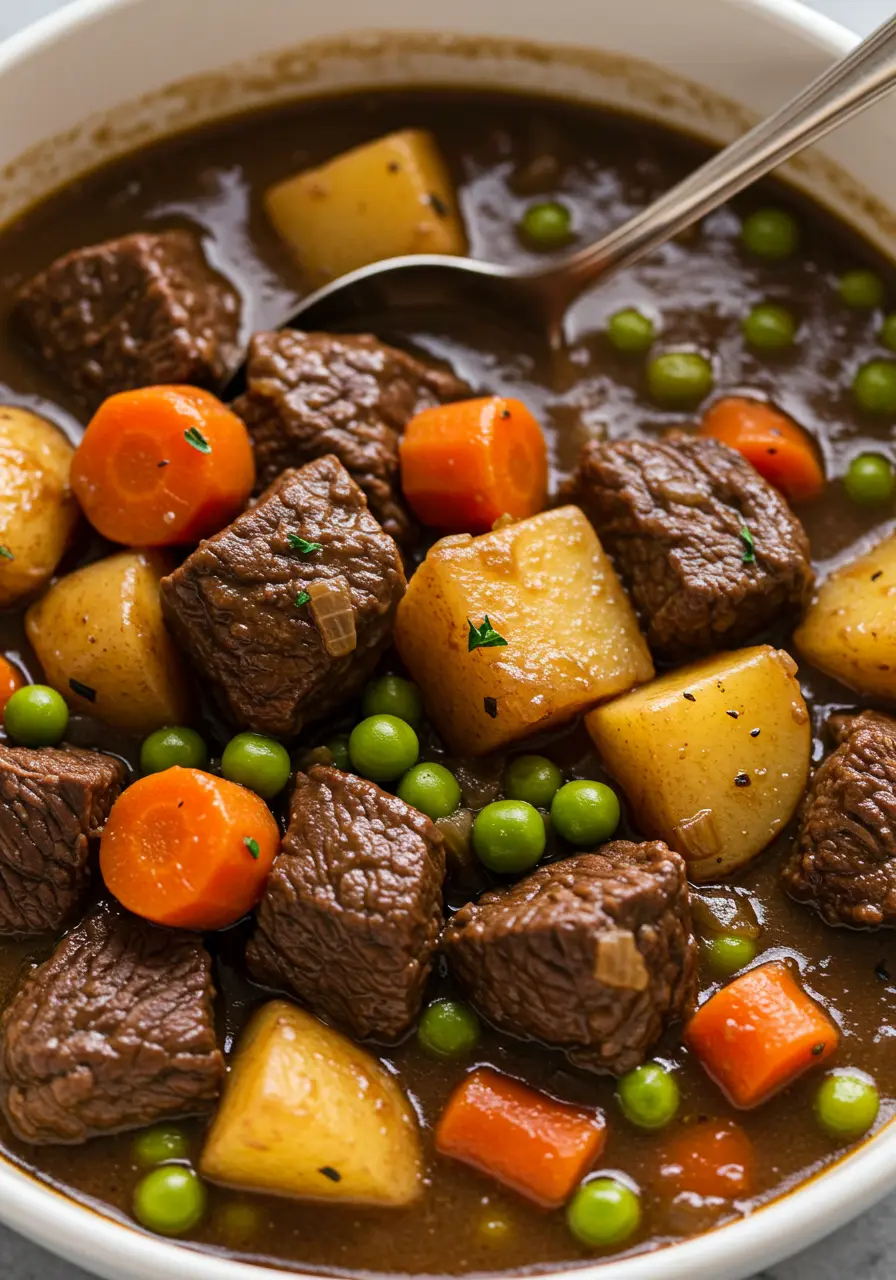 A close-up shot of a steaming bowl of homemade slow cooker beef stew, featuring tender beef, soft carrots, and golden potatoes in a rich, dark brown broth.