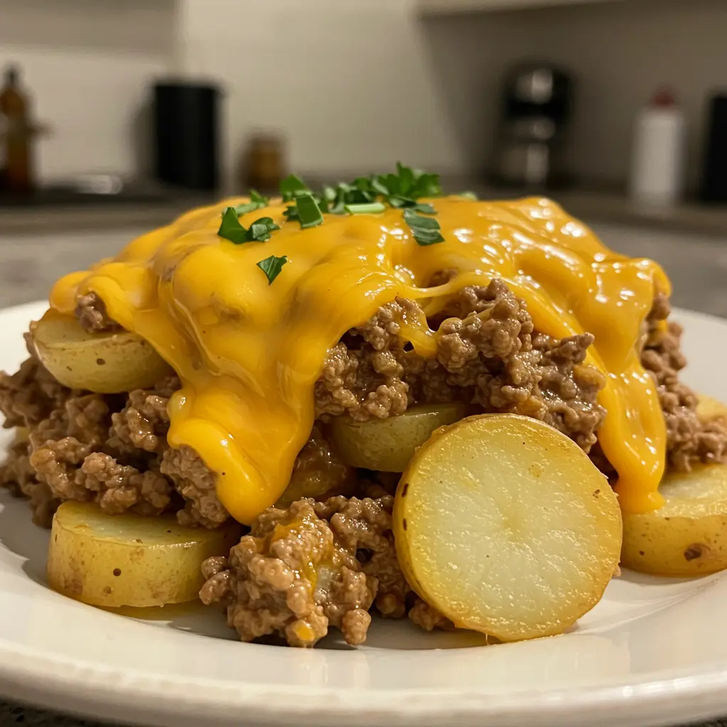 Cheesy Ground Beef and Potatoes served